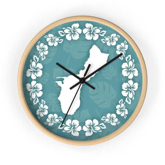 Guam Shape Teal Hibiscus Wall Clock