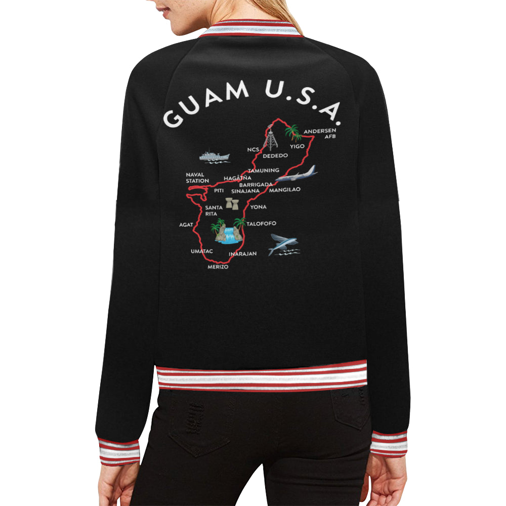 Guam Map Women's Red Striped Bomber Jacket