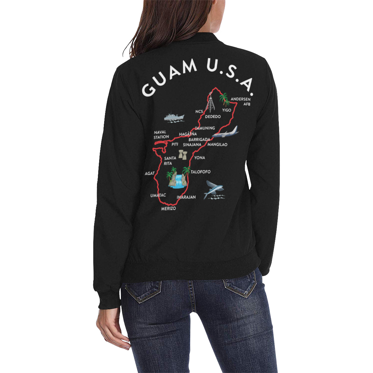 Guam Map Black Women's Bomber Jacket