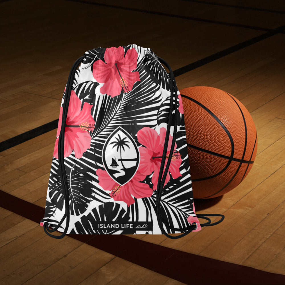 Guam Pink Black Hibiscus Large Drawstring Bag
