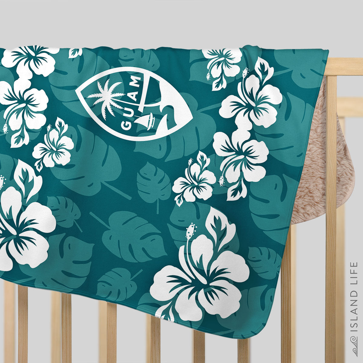 Guam Seal Teal Hibiscus Baby Sherpa Blanket