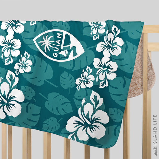 Guam Seal Teal Hibiscus Baby Sherpa Blanket
