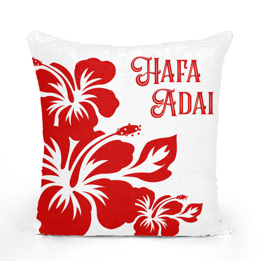 Hafa Adai Red Hibiscus Sequin Cushion Cover Guam Saipan Tinian Rota