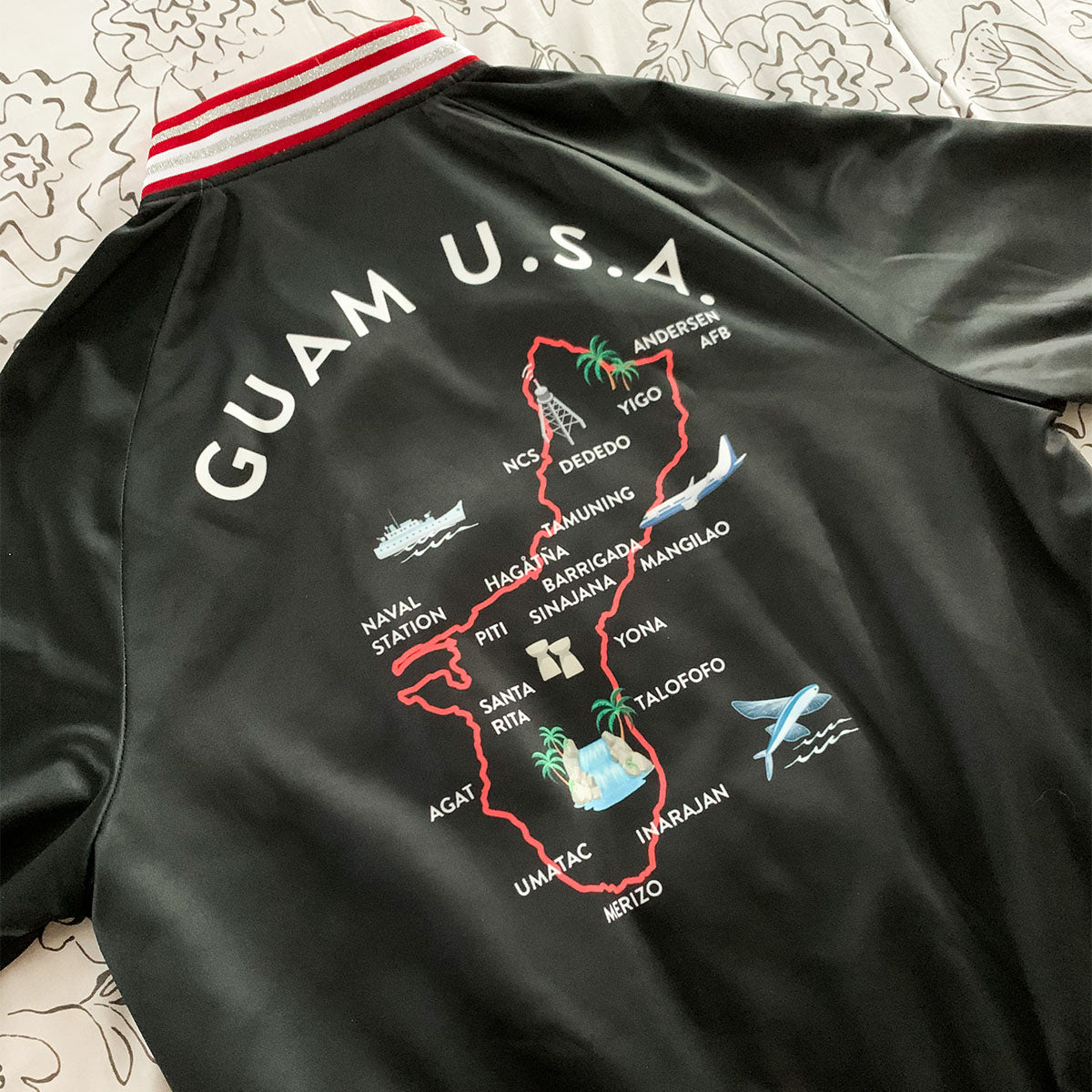 Guam Map Women's Red Striped Bomber Jacket