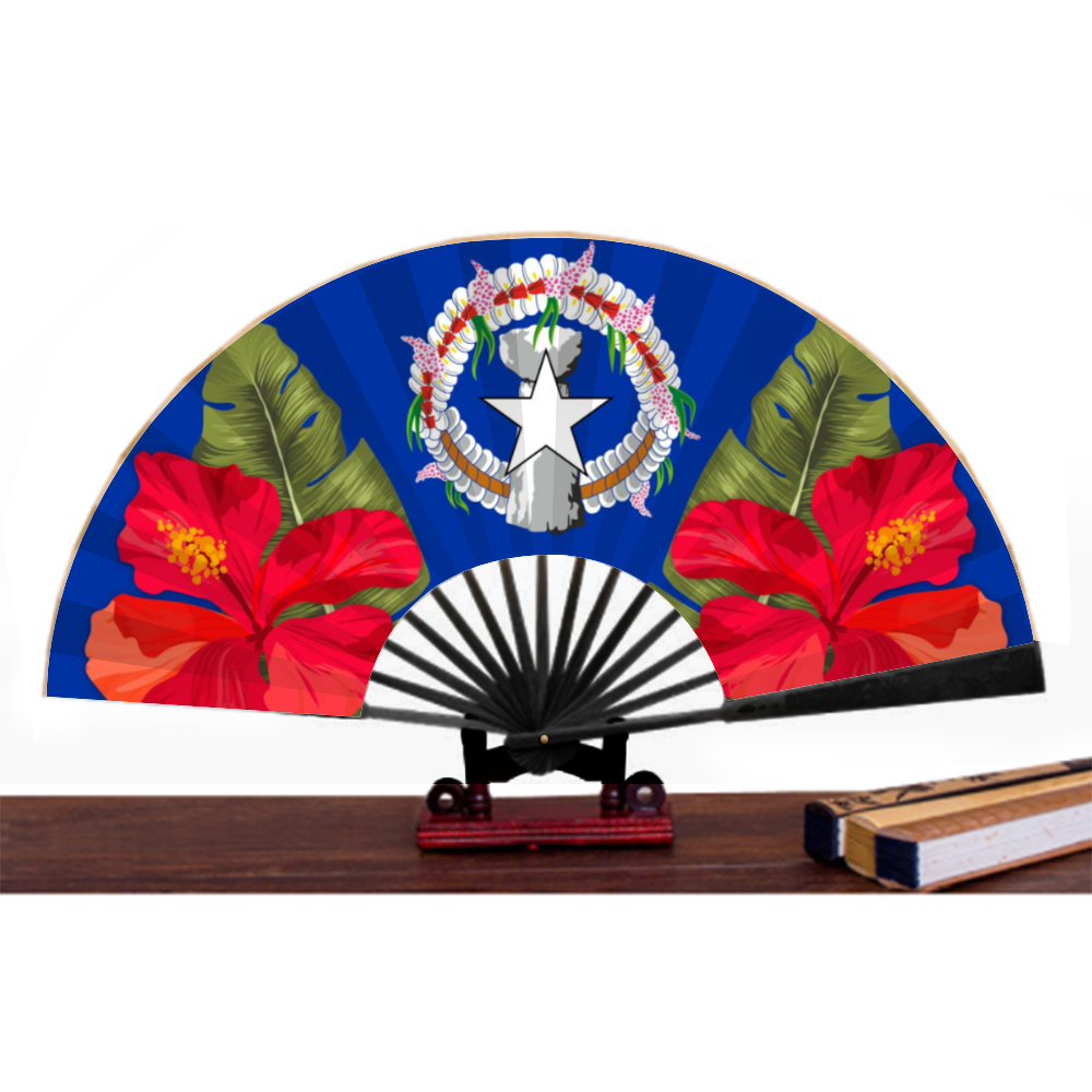 CNMI Seal Hibiscus Paradise Spun Silk Folding Fan