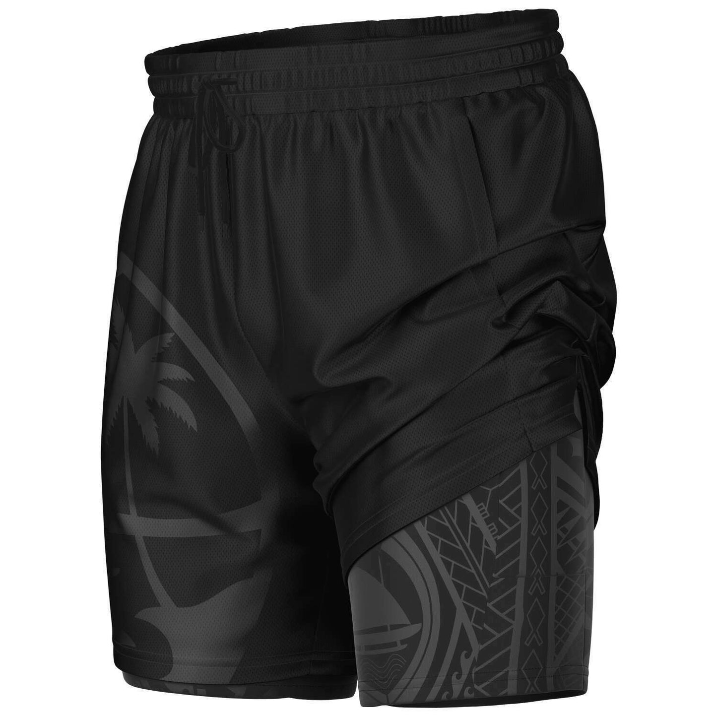 Guam Tribal Layer Black 2-in-1 Phone Pocket Active Shorts