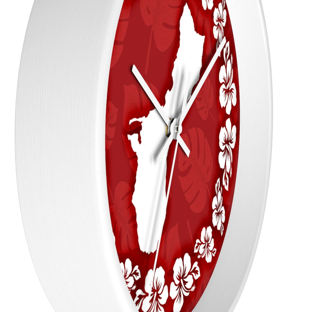 Guam Shape Red Hibiscus Wall Clock
