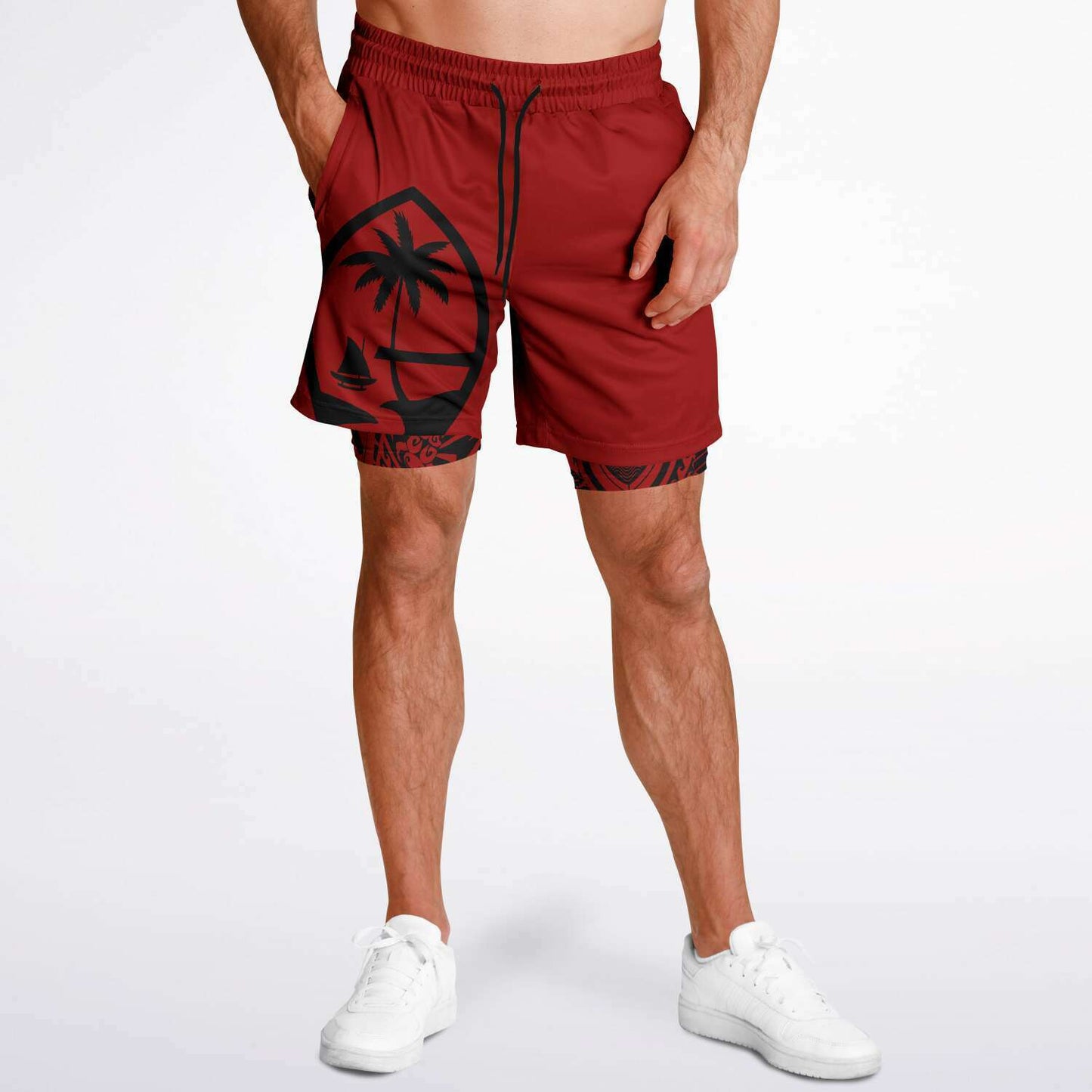 Guam Tribal Layer Red 2-in-1 Phone Pocket Active Shorts