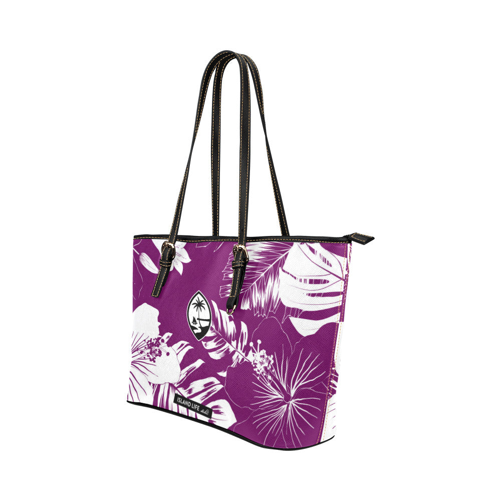 Guam Hibiscus Floral Purple Medium Leather Tote Purse