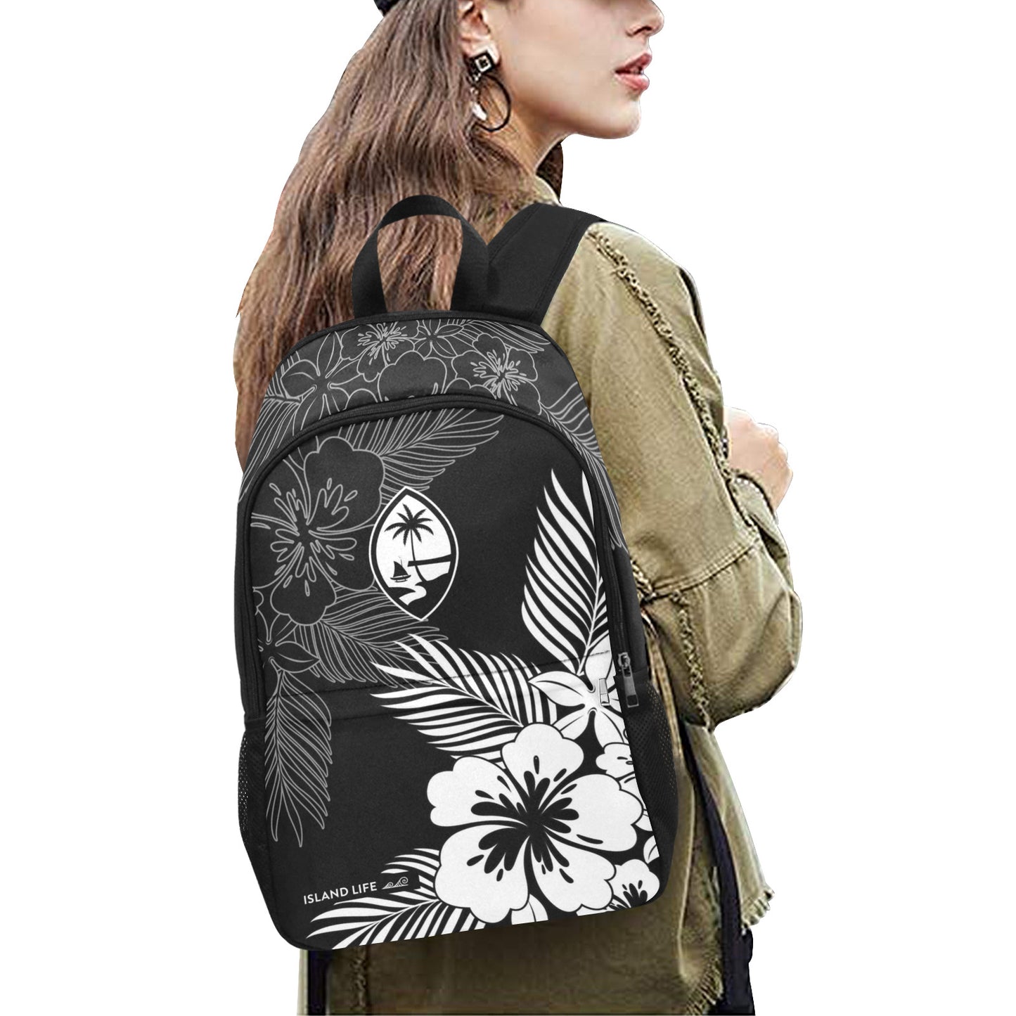 Guam Tropical Hibiscus Black Laptop Side Pockets Backpack