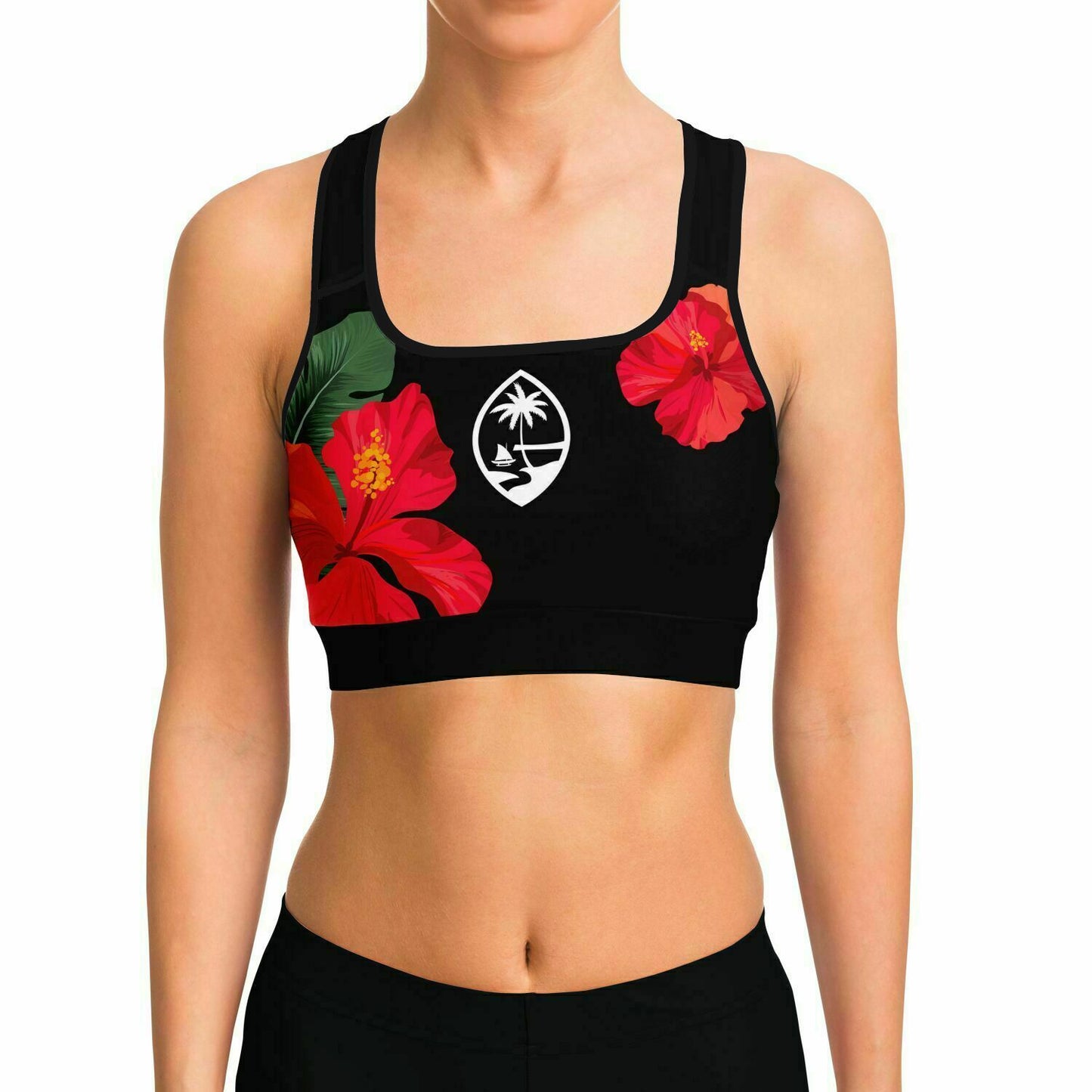Guam Red Black Hibiscus Paradise Sports Bra