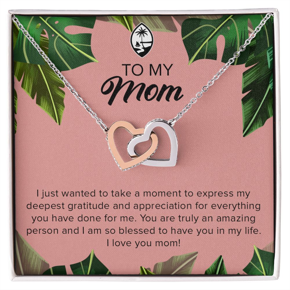 Guam Mom Tropical Leaves Interlocking Hearts Necklace