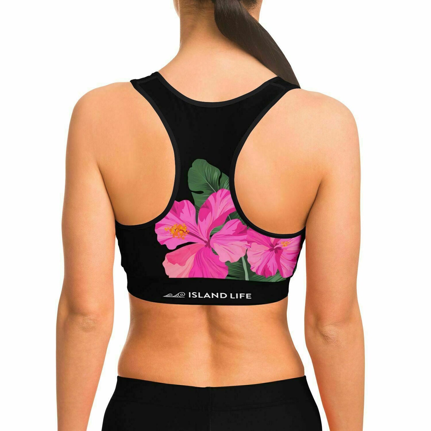 Guam Pink Black Hibiscus Paradise Sports Bra