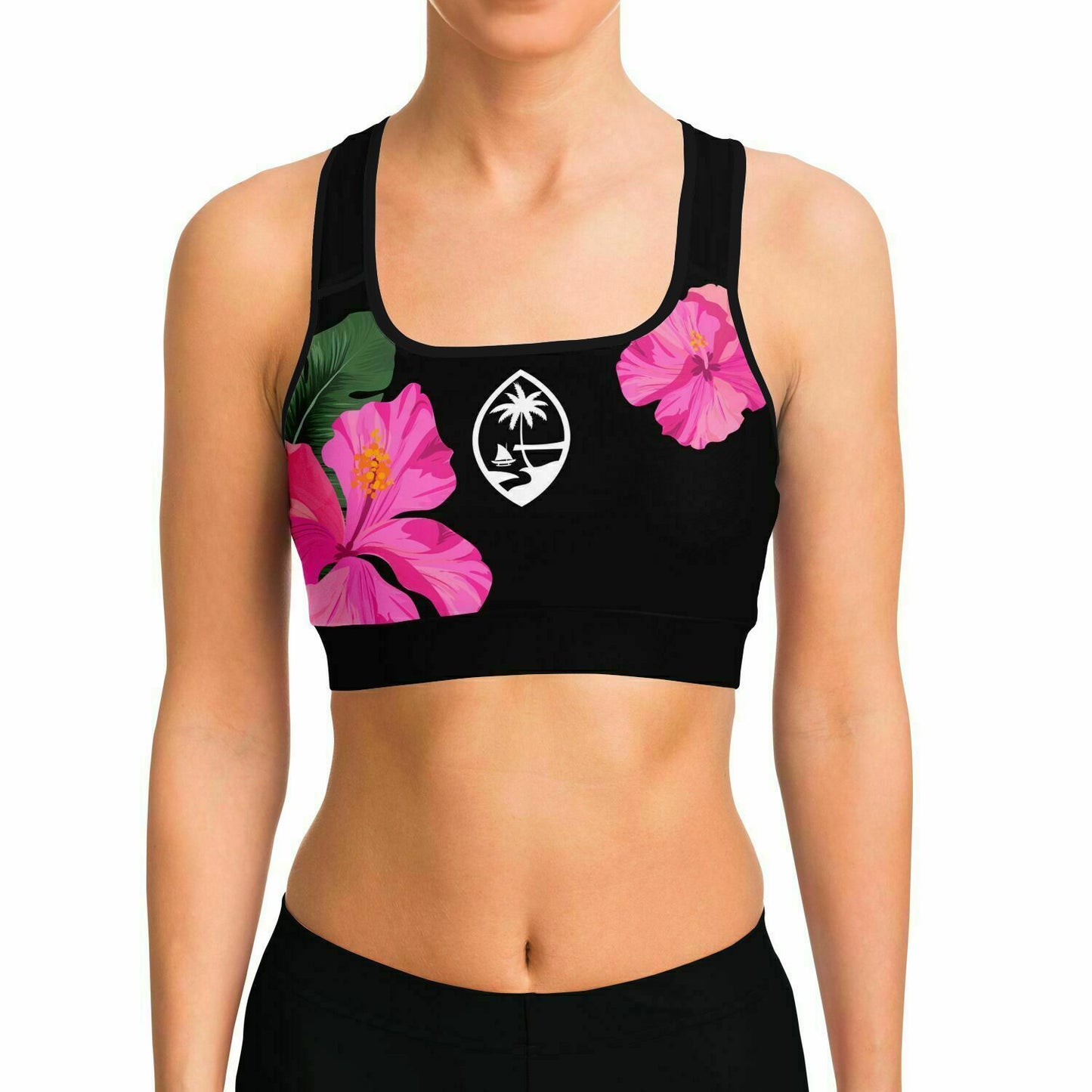 Guam Pink Black Hibiscus Paradise Sports Bra