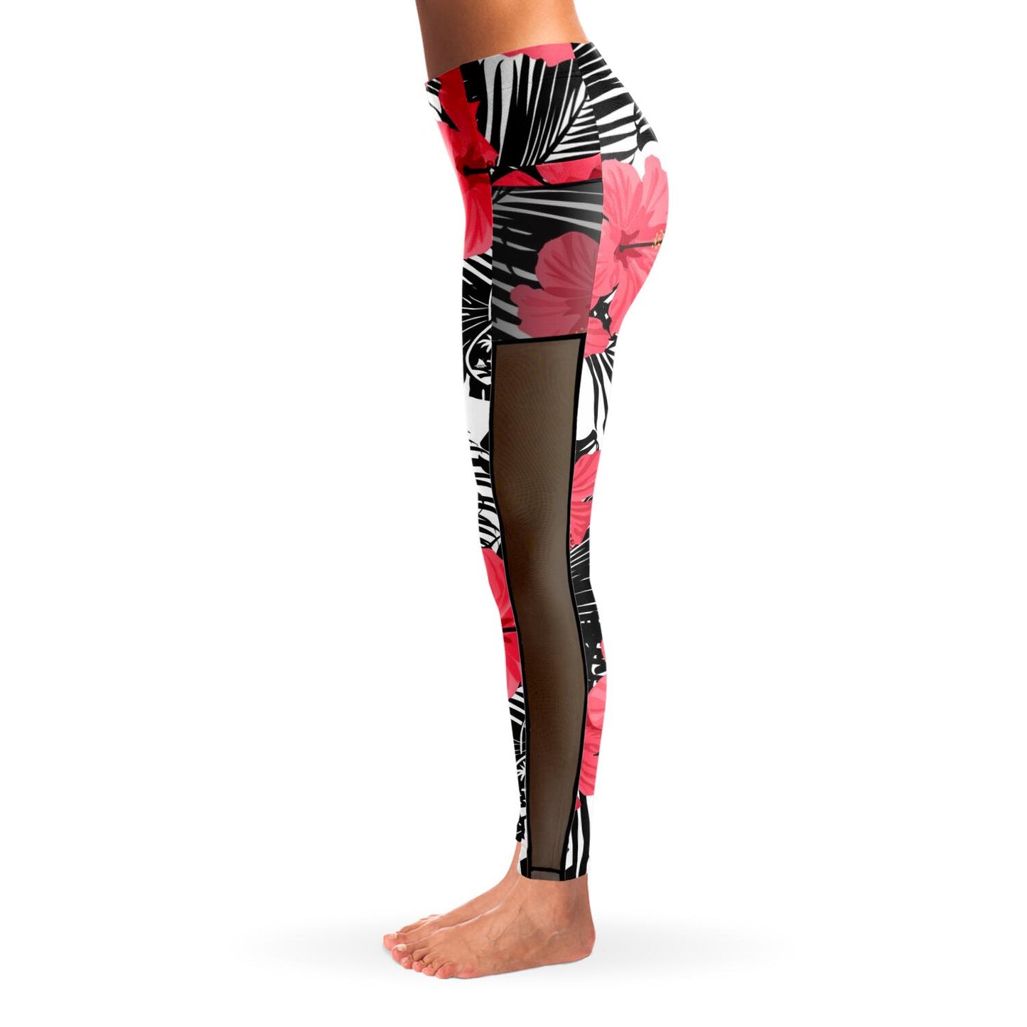 Guam Pink Black Hibiscus Mesh Leggings