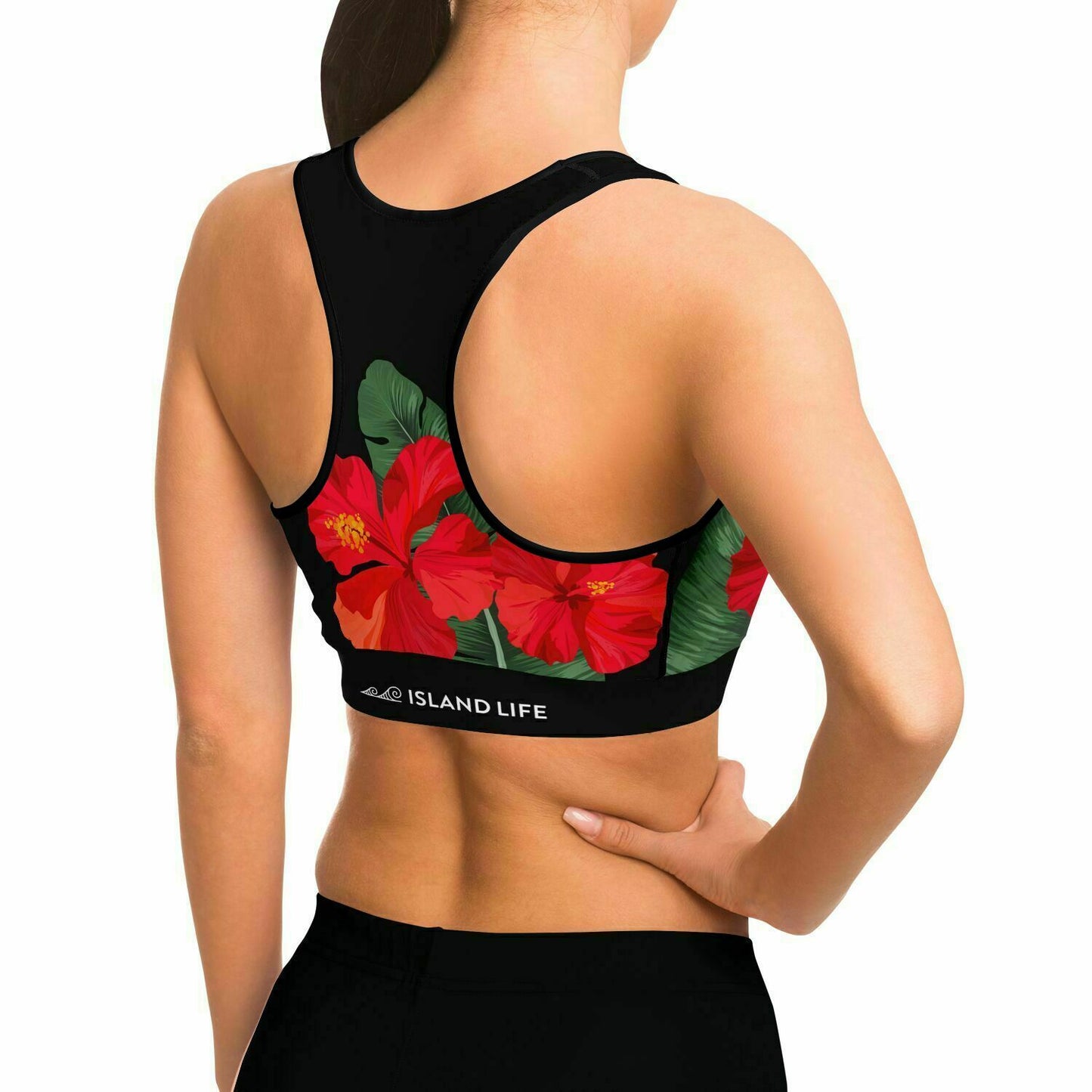 Guam Red Black Hibiscus Paradise Sports Bra