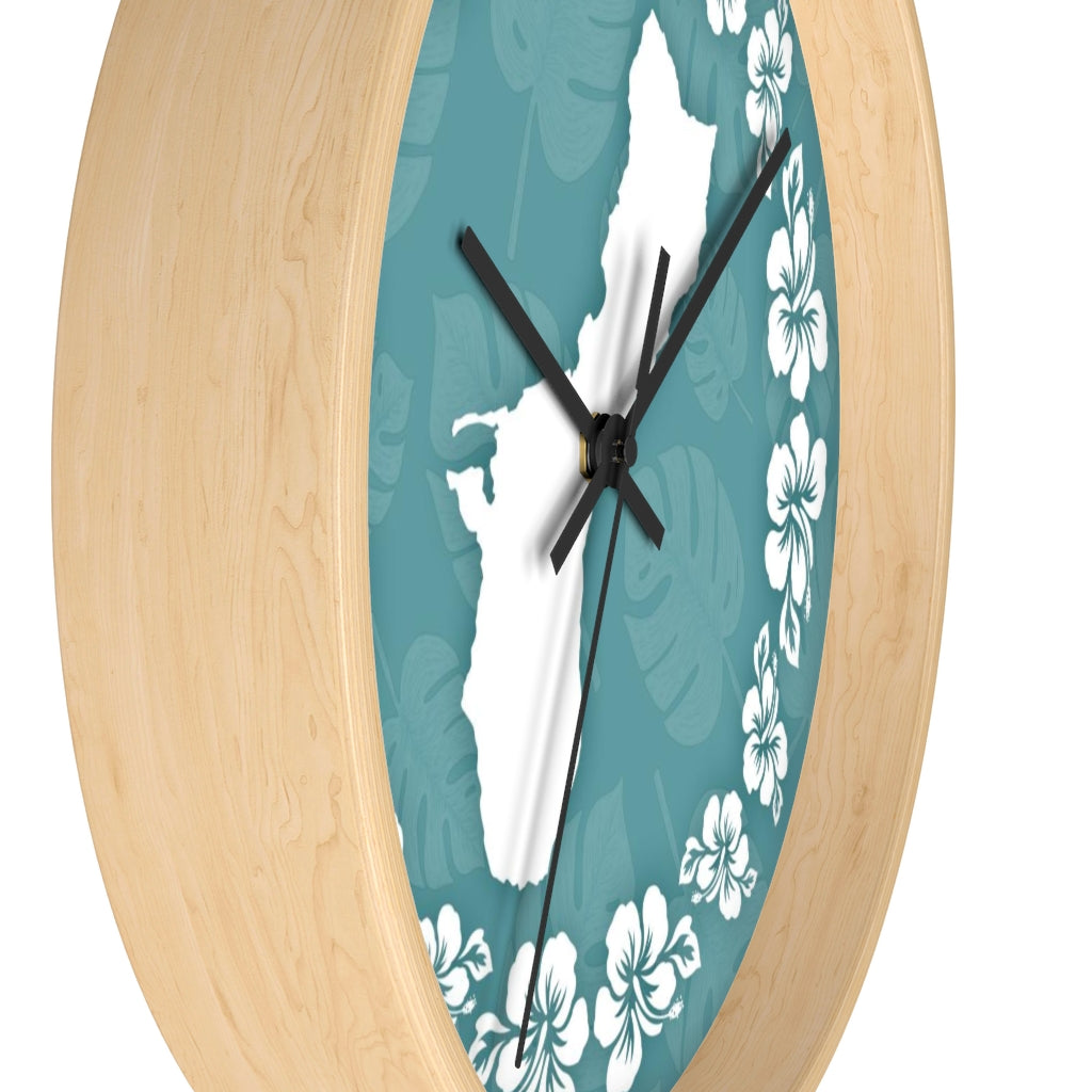Guam Shape Teal Hibiscus Wall Clock