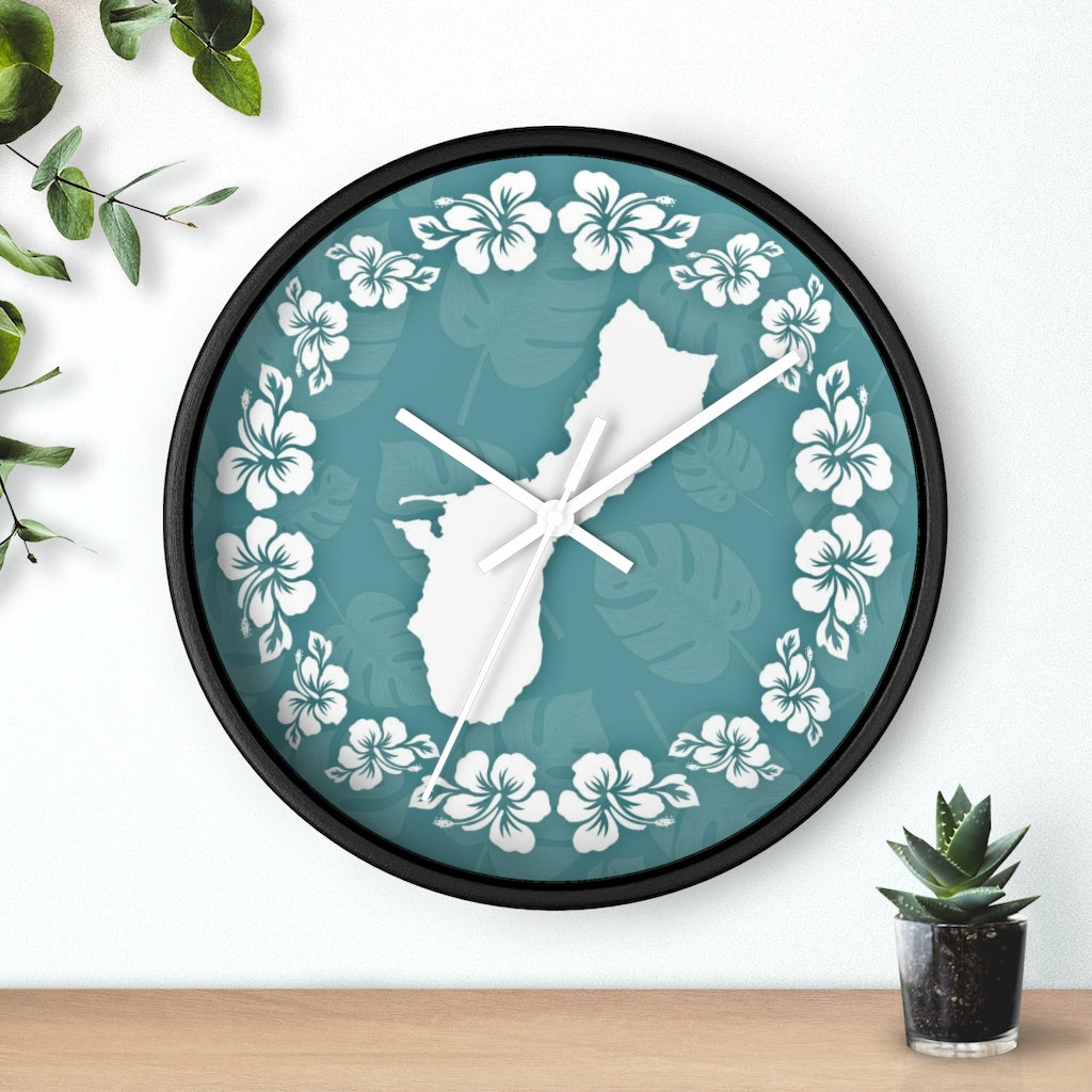 Guam Shape Teal Hibiscus Wall Clock