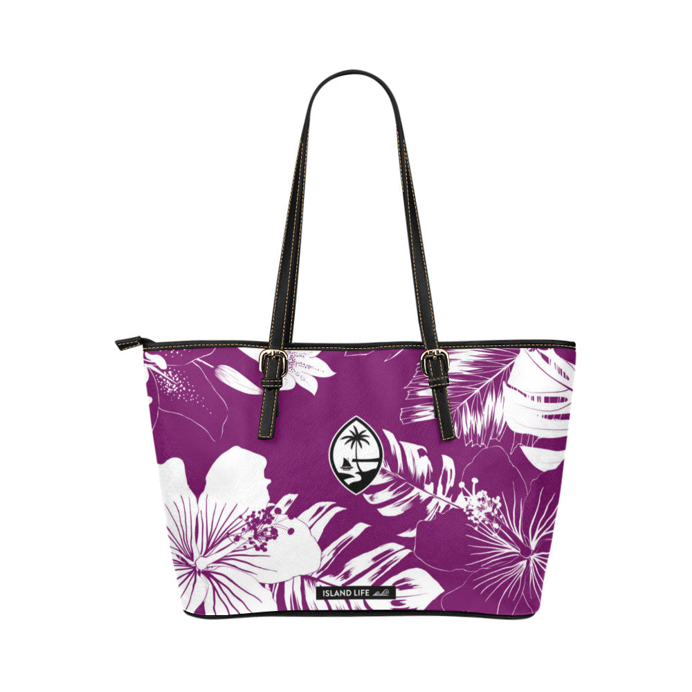 Guam Hibiscus Floral Purple Large Leather Tote Purse