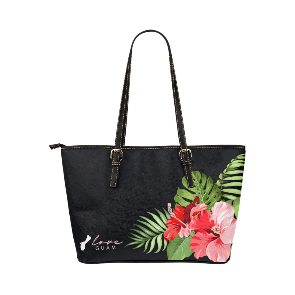 Love Guam Hibiscus Black Large Leather Tote Purse