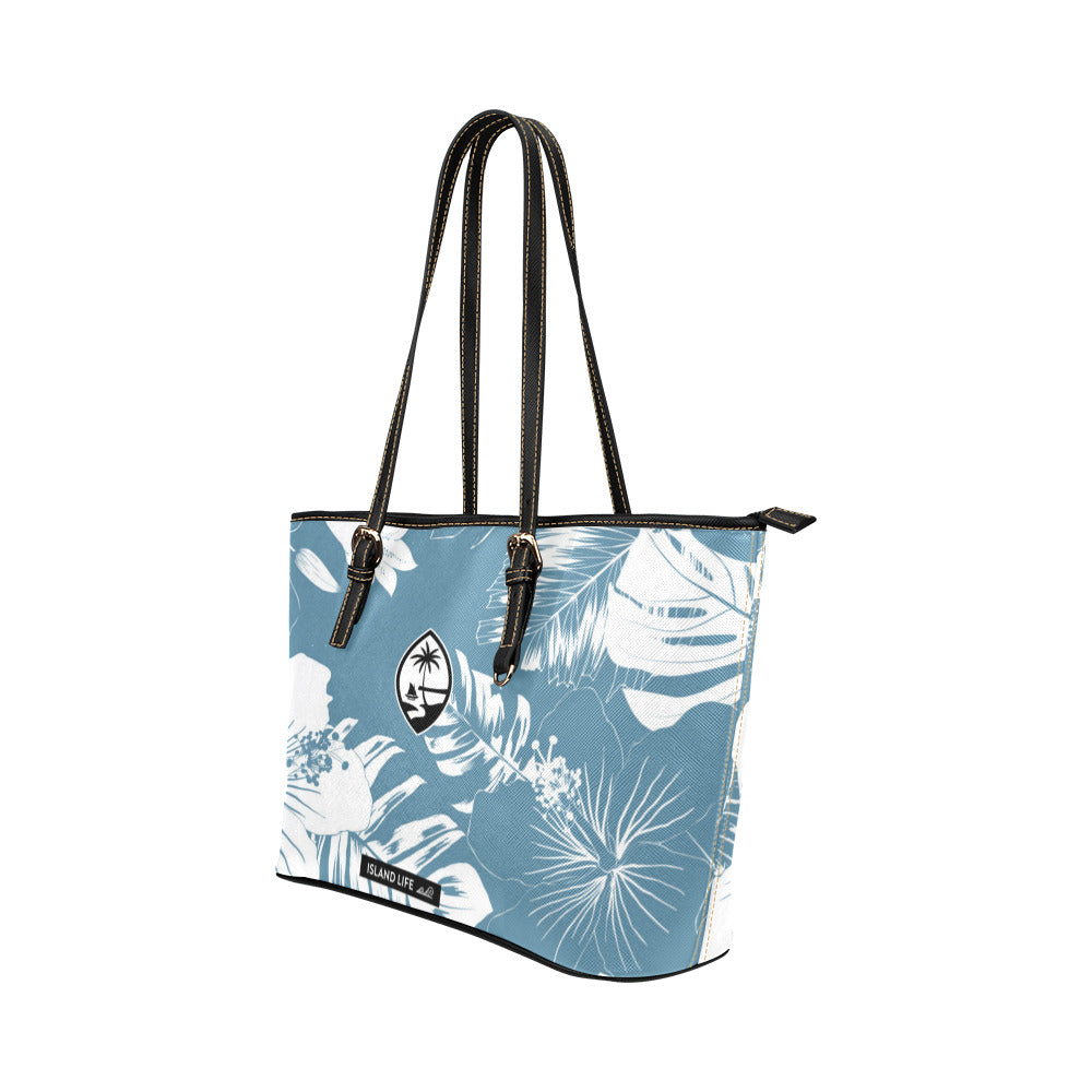 Guam Hibiscus Floral Slate Blue Large Leather Tote Purse