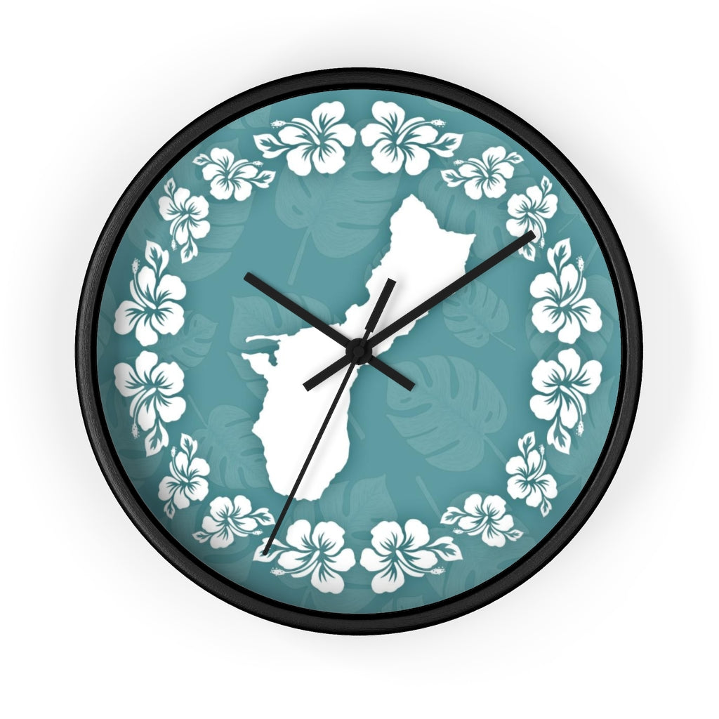 Guam Shape Teal Hibiscus Wall Clock