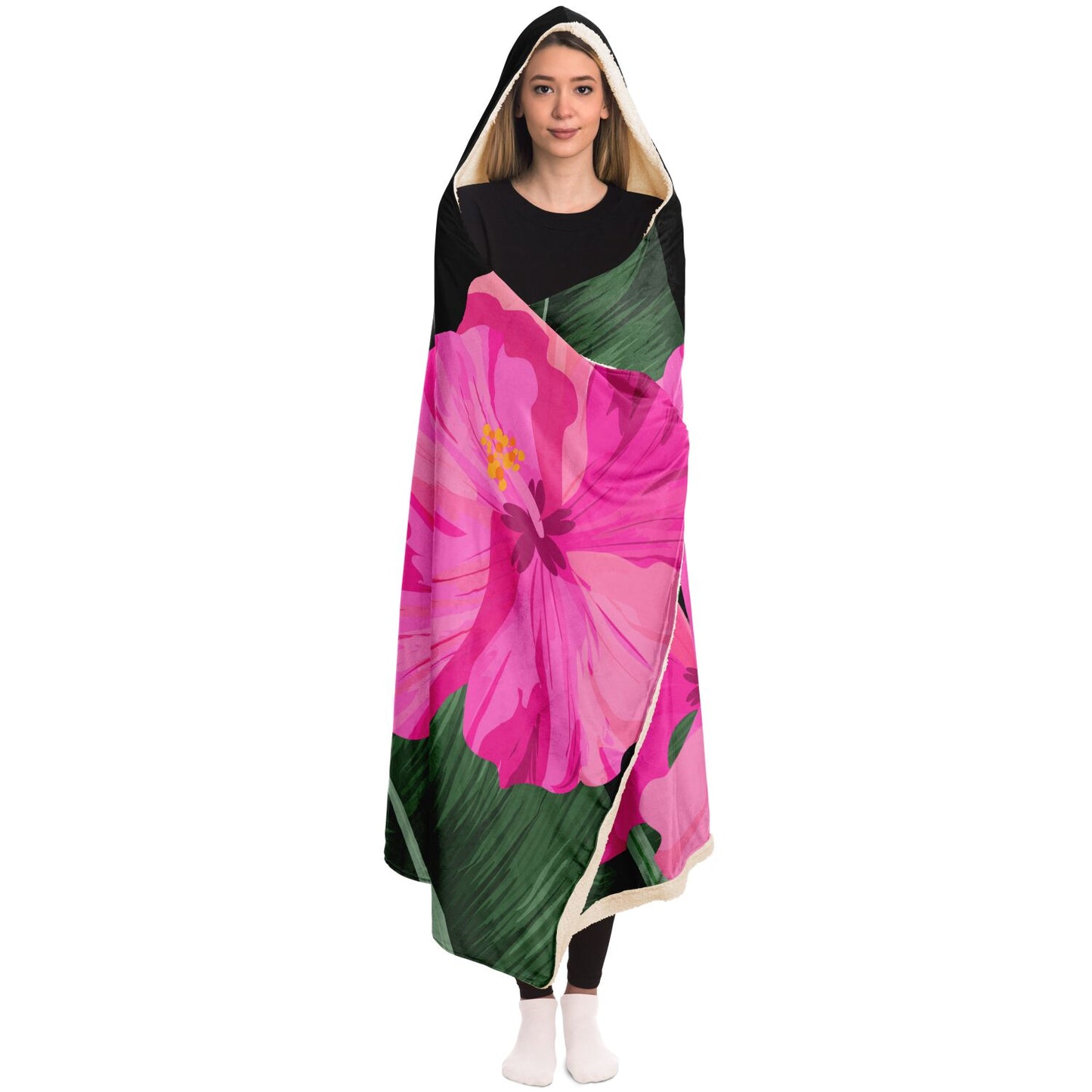 Guam Pink Hibiscus Paradise Black Premium Sherpa Hooded Blanket
