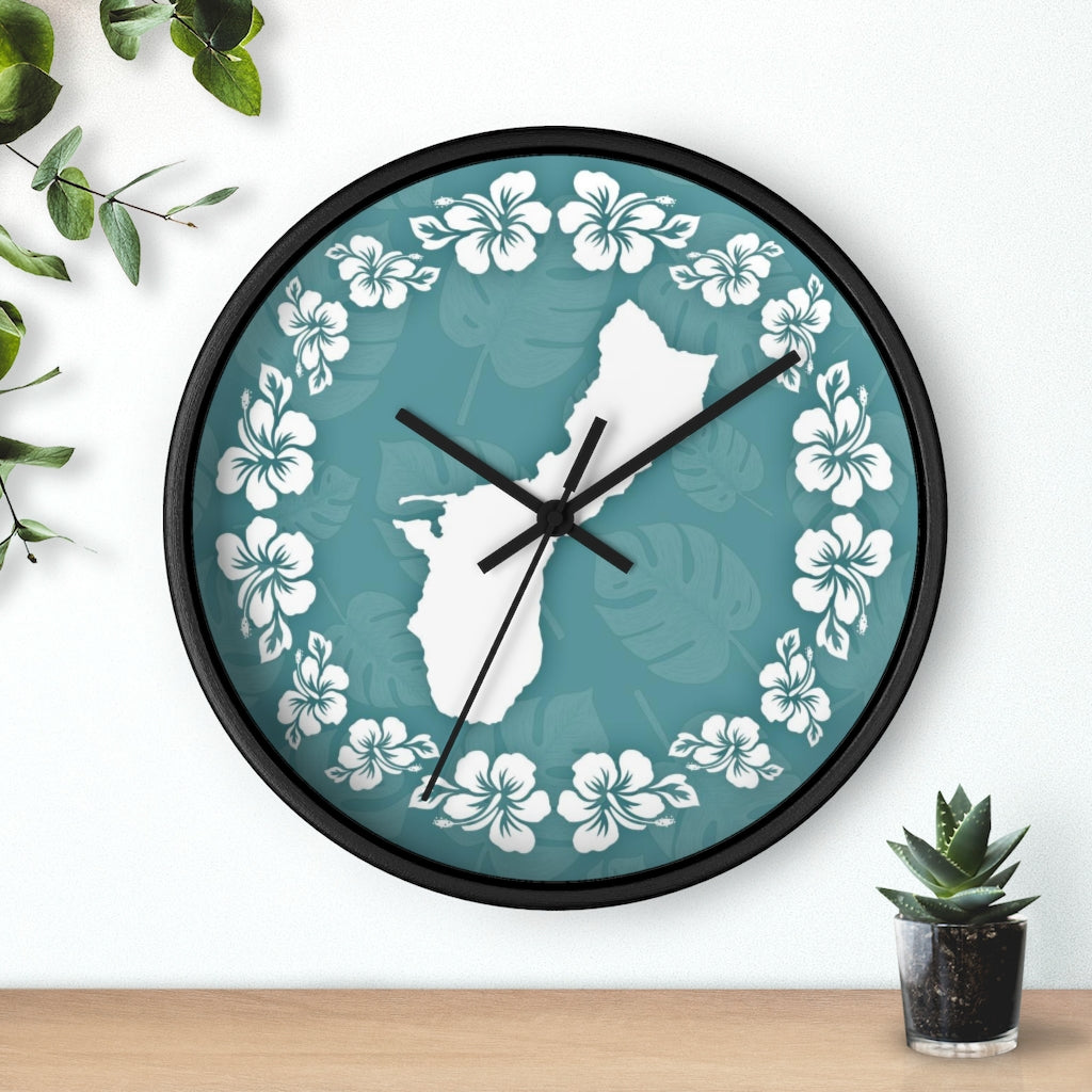 Guam Shape Teal Hibiscus Wall Clock