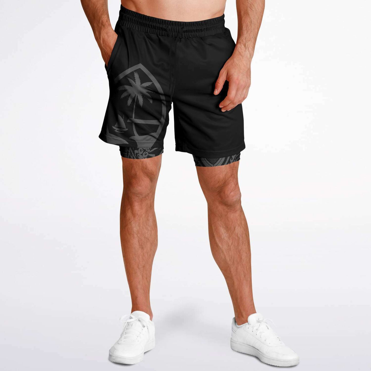 Guam Tribal Layer Black 2-in-1 Phone Pocket Active Shorts