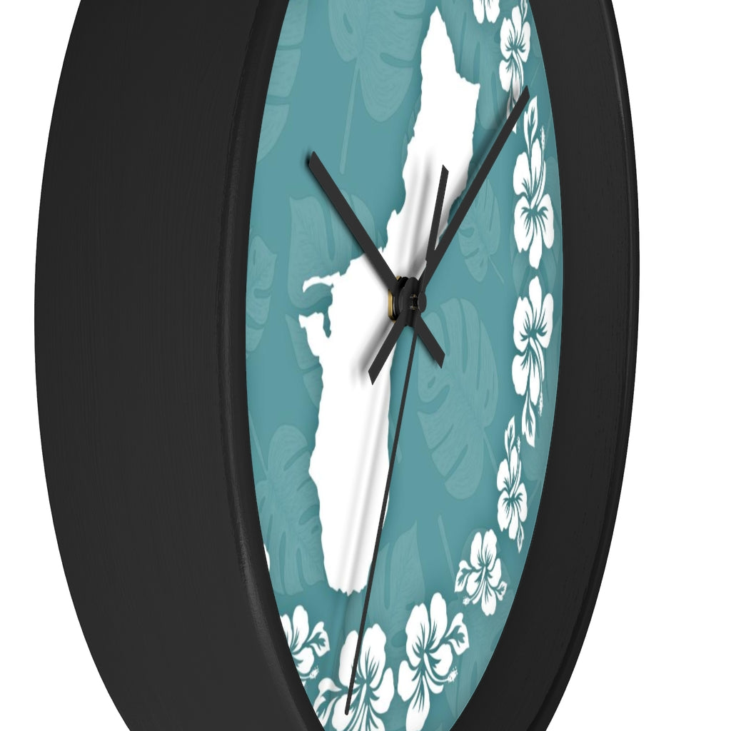 Guam Shape Teal Hibiscus Wall Clock