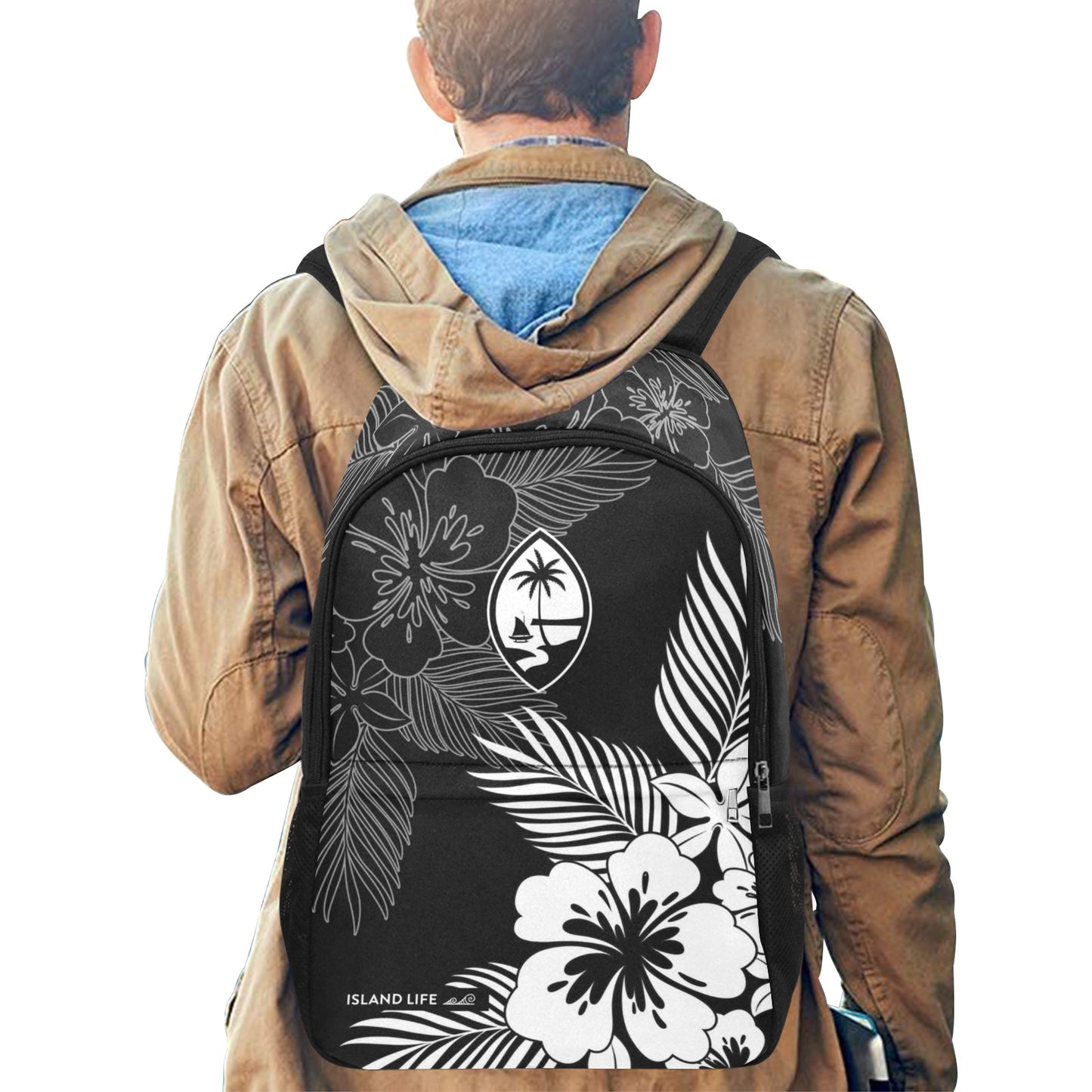 Guam Tropical Hibiscus Black Laptop Side Pockets Backpack