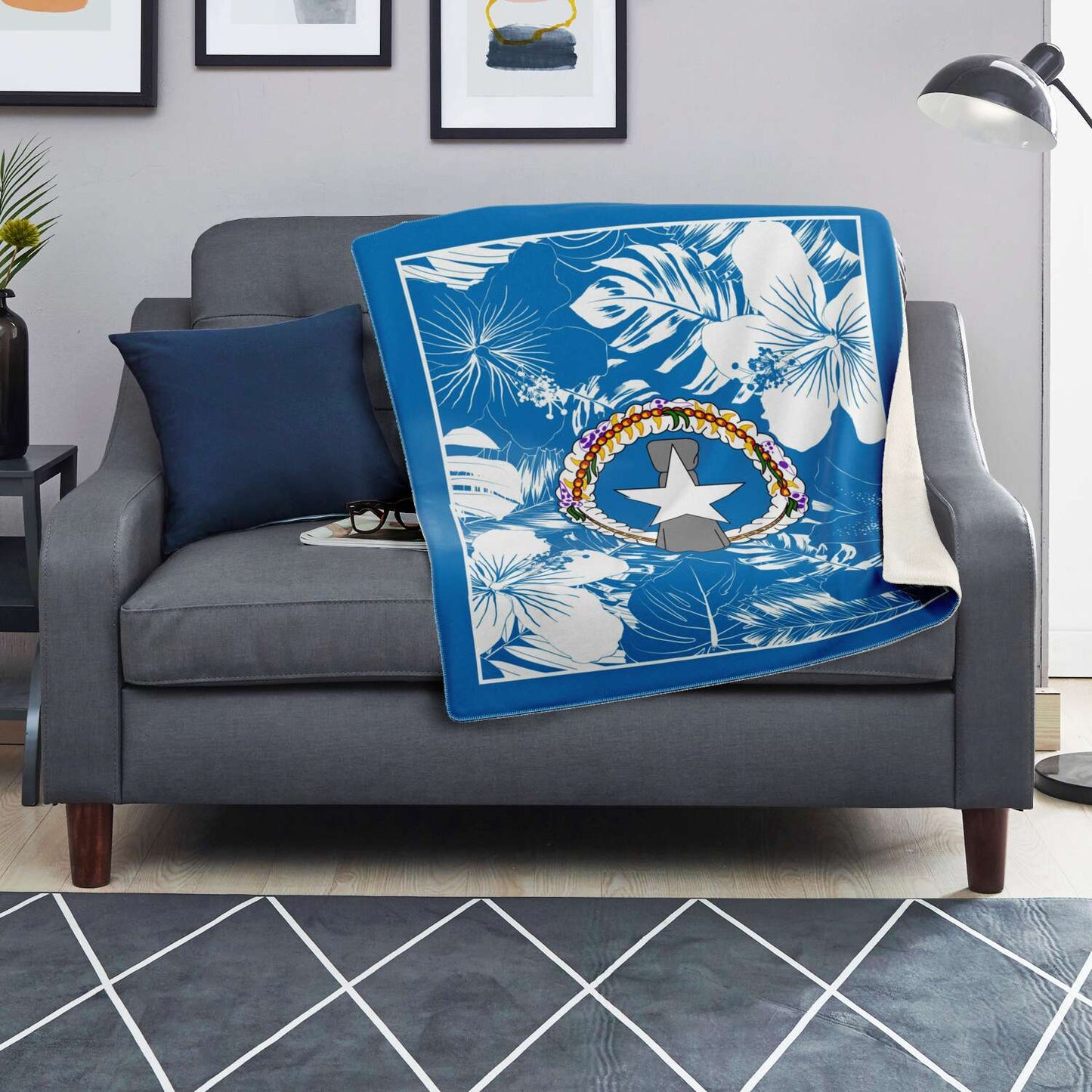 CNMI Seal Hibiscus Blue Microfleece Blanket