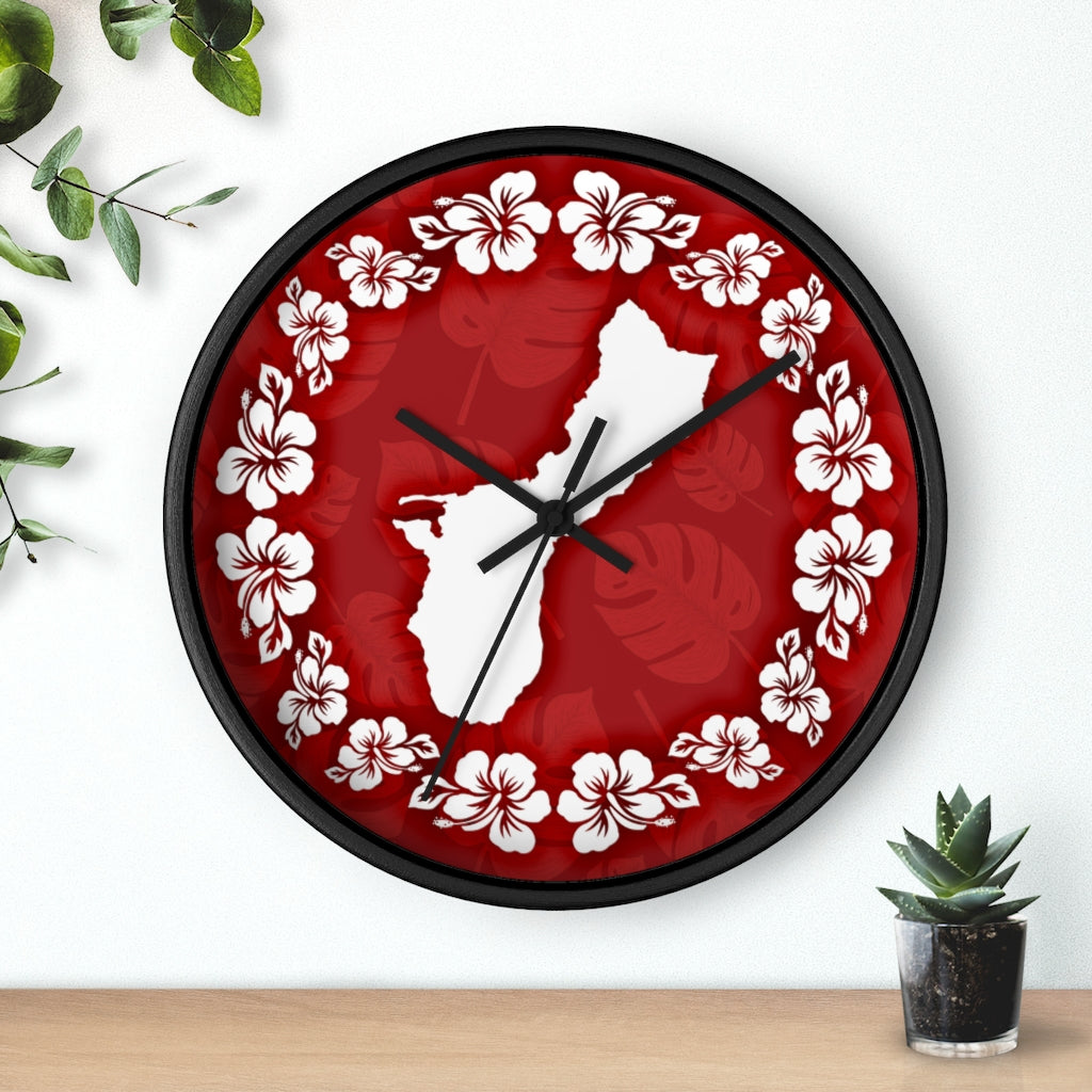 Guam Shape Red Hibiscus Wall Clock