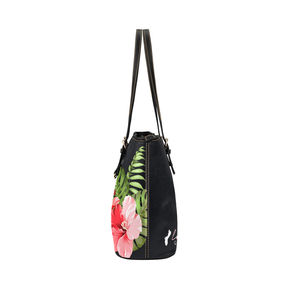 Love Guam Hibiscus Black Large Leather Tote Purse