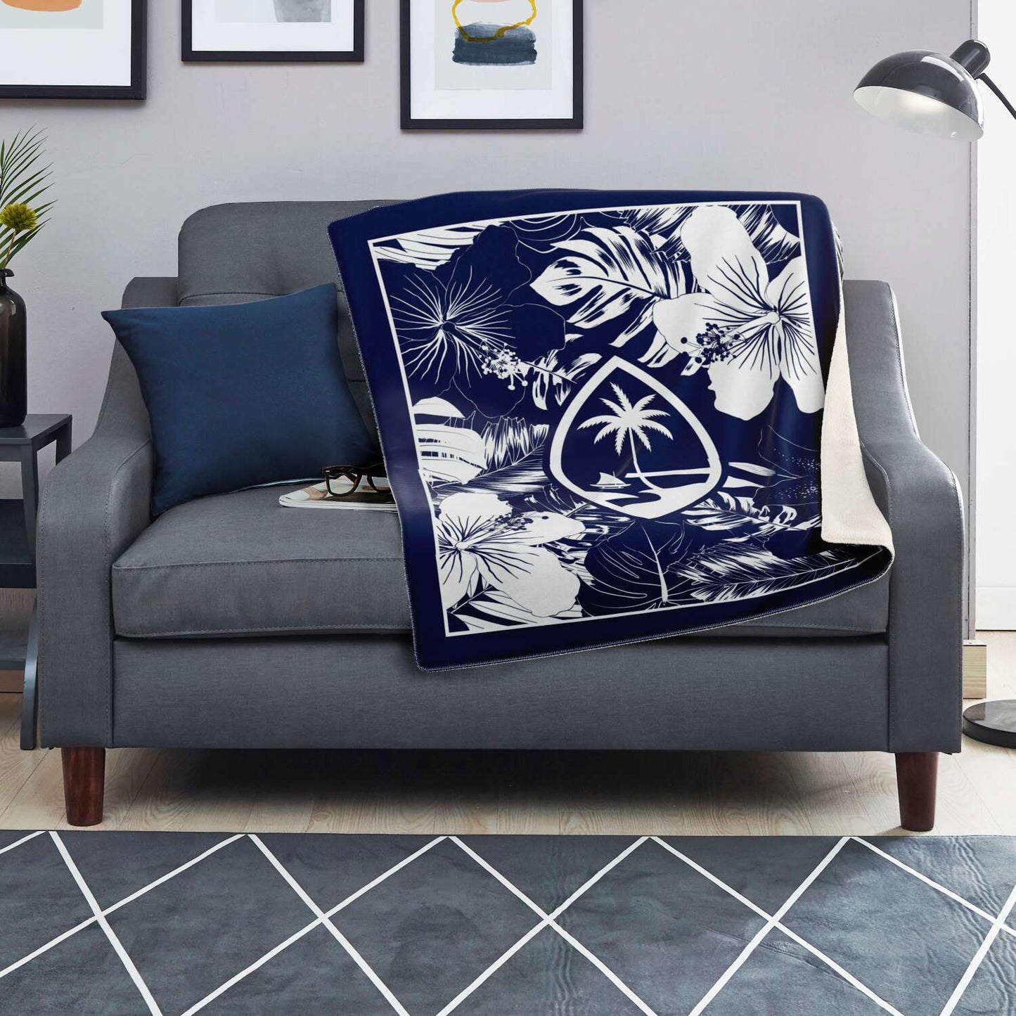 Guam Hibiscus Navy Blue Microfleece Blanket