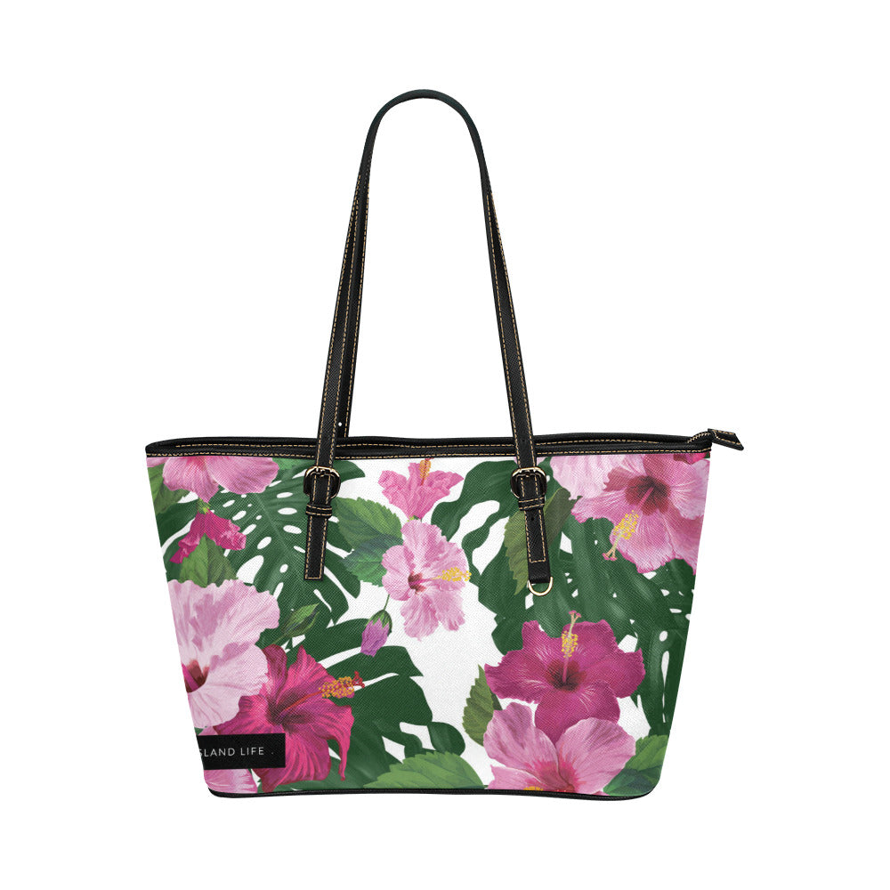Guam CNMI Hibiscus Fuchsia Medium Leather Tote Purse
