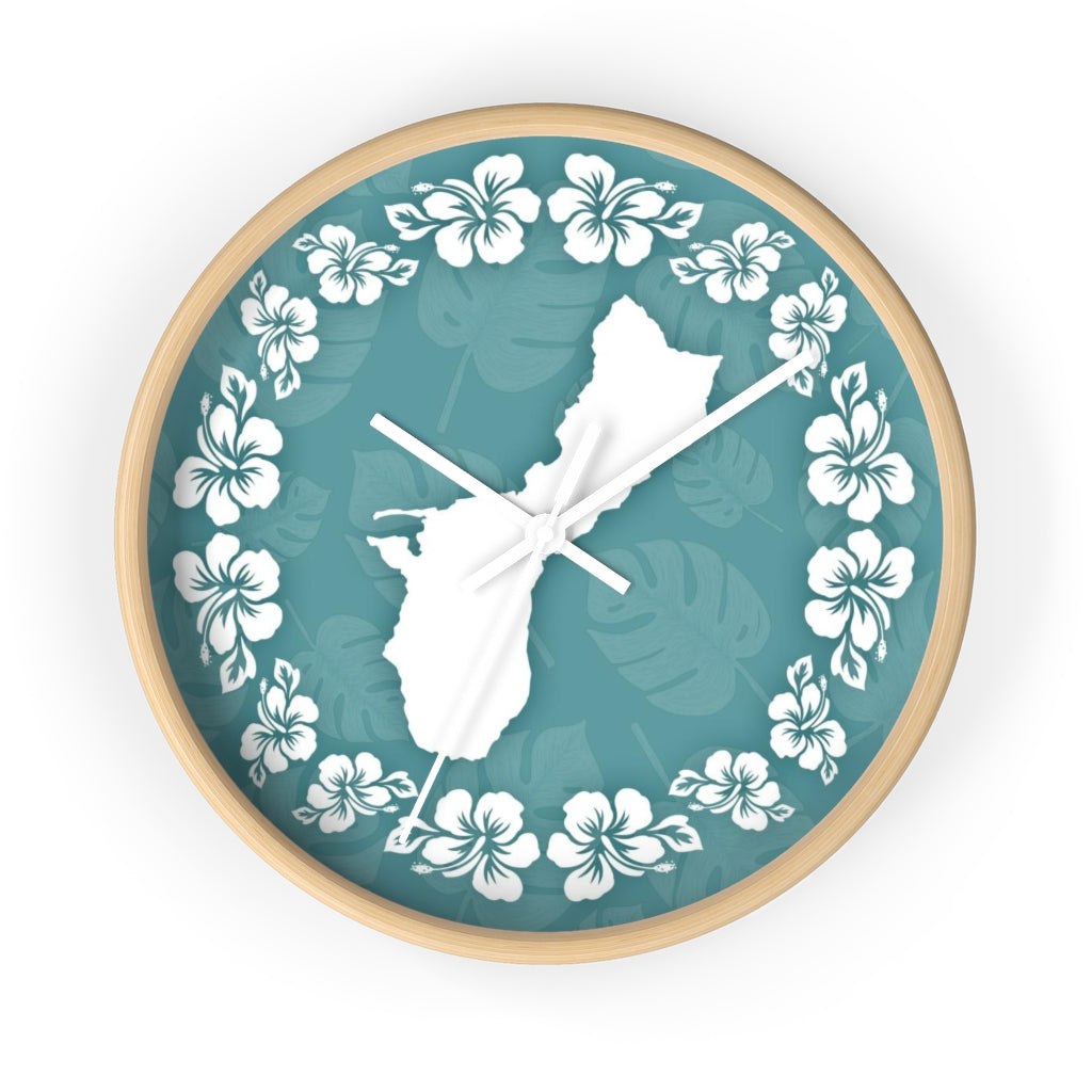 Guam Shape Teal Hibiscus Wall Clock
