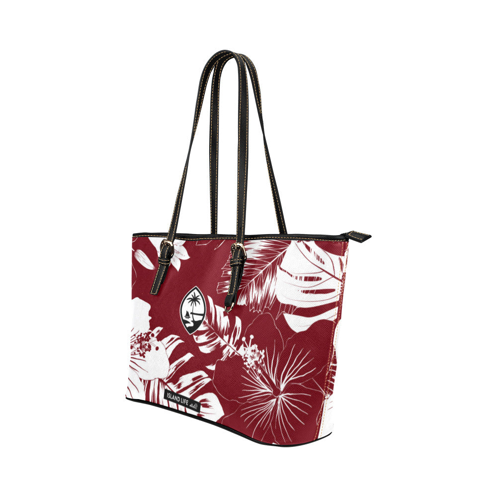 Guam Hibiscus Floral Dark Red Large Leather Tote Purse