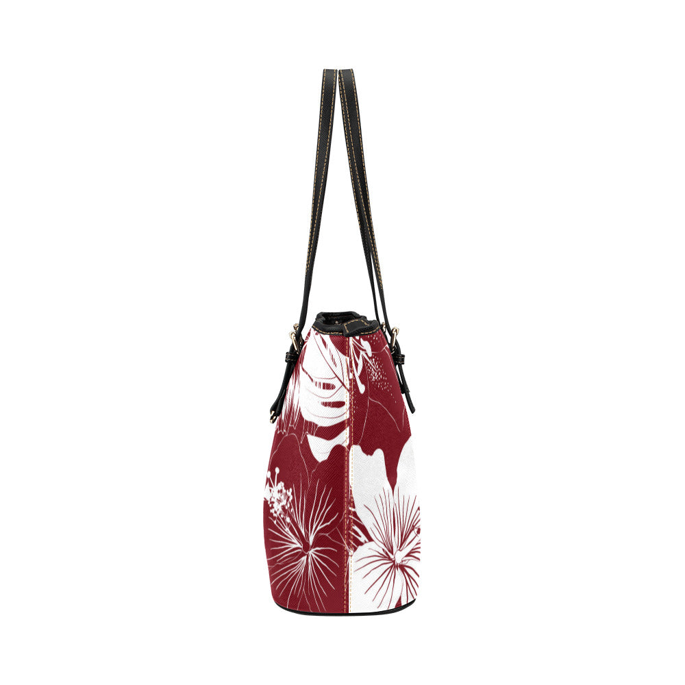 Guam Hibiscus Floral Dark Red Large Leather Tote Purse