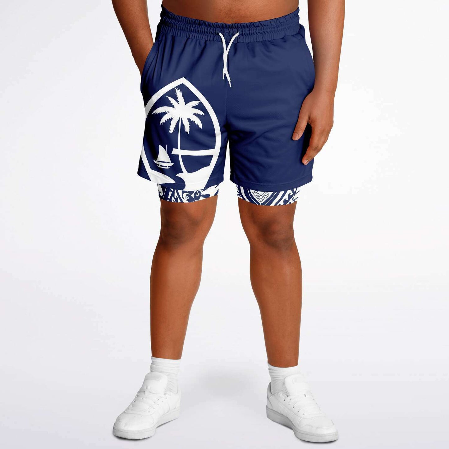 Guam Tribal Layer Blue 2-in-1 Phone Pocket Active Shorts