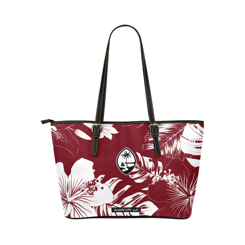 Guam Hibiscus Floral Dark Red Medium Leather Tote Purse