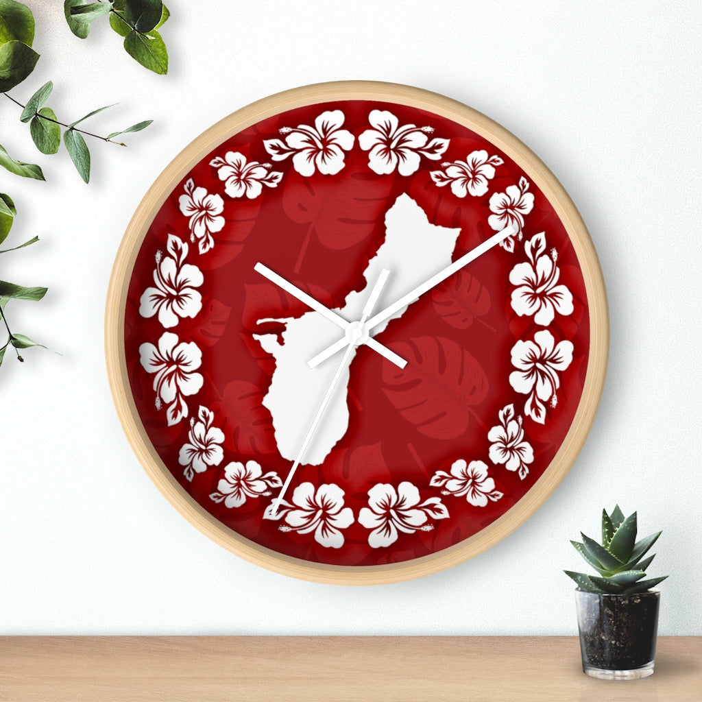 Guam Shape Red Hibiscus Wall Clock