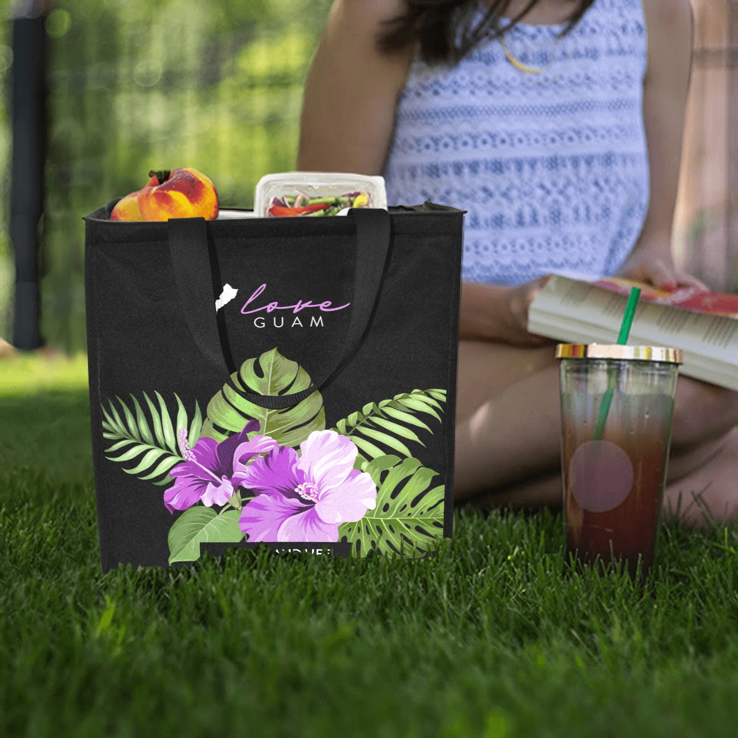 Love Guam Purple Hibiscus Balutan Large Picnic Tote Bag