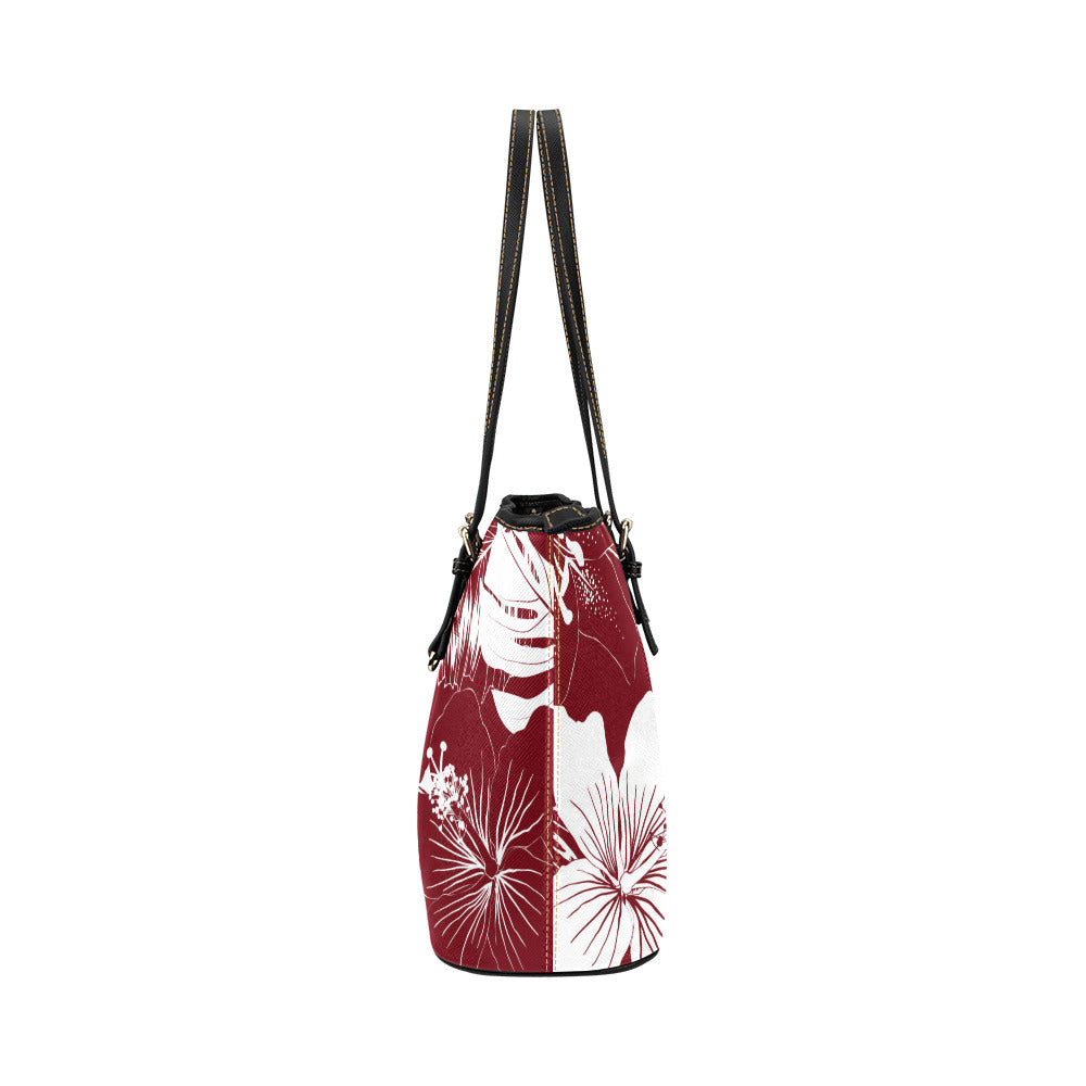 Guam Hibiscus Floral Dark Red Medium Leather Tote Purse