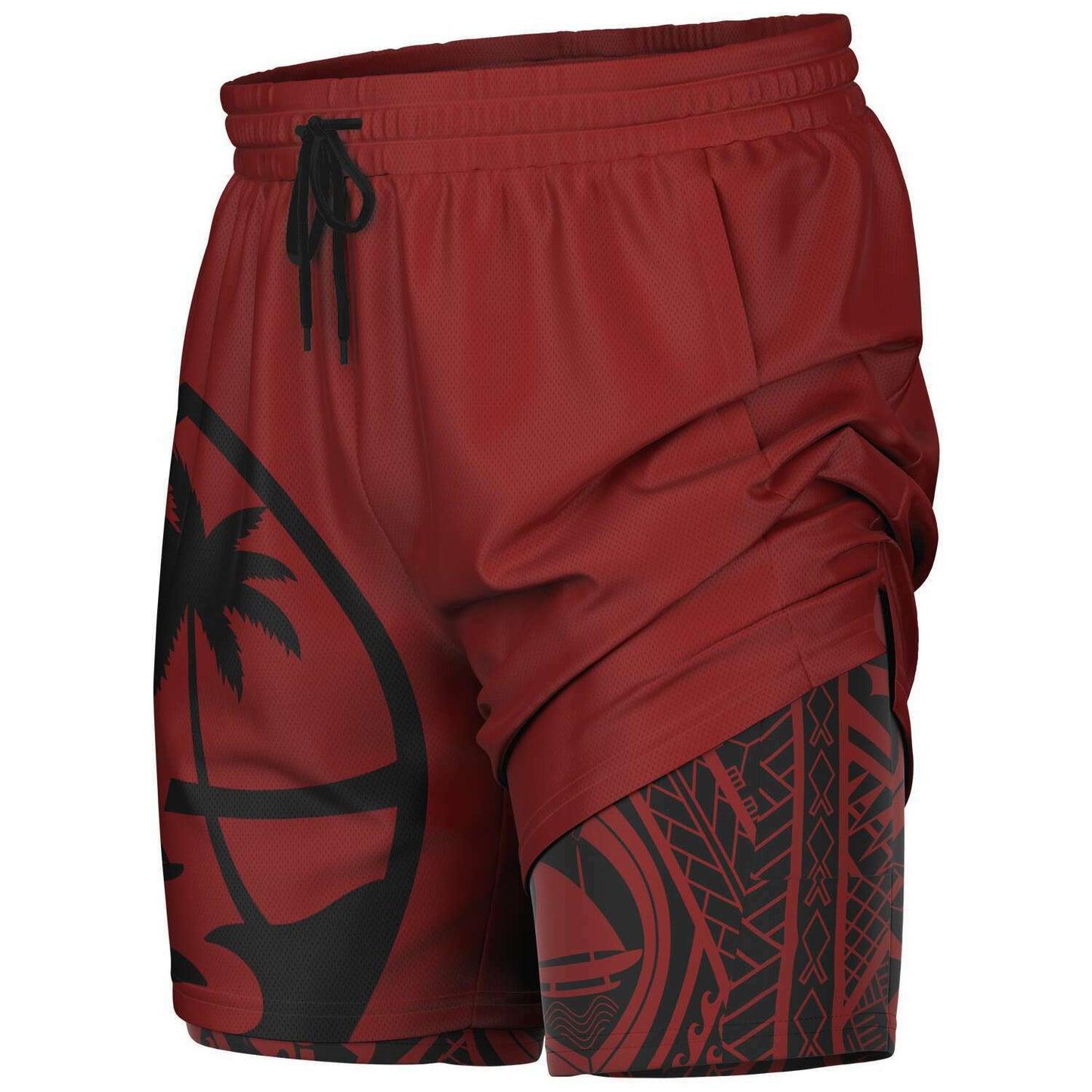 Guam Tribal Layer Red 2-in-1 Phone Pocket Active Shorts