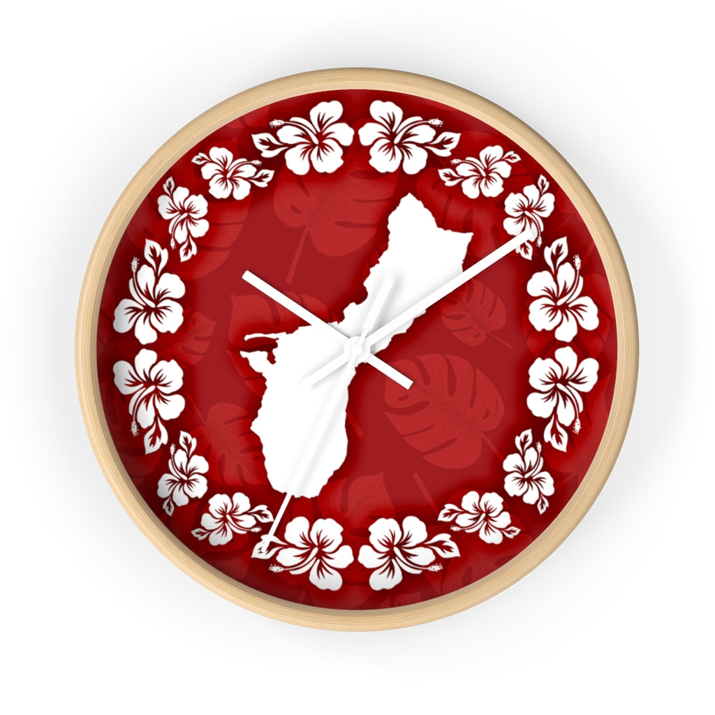 Guam Shape Red Hibiscus Wall Clock