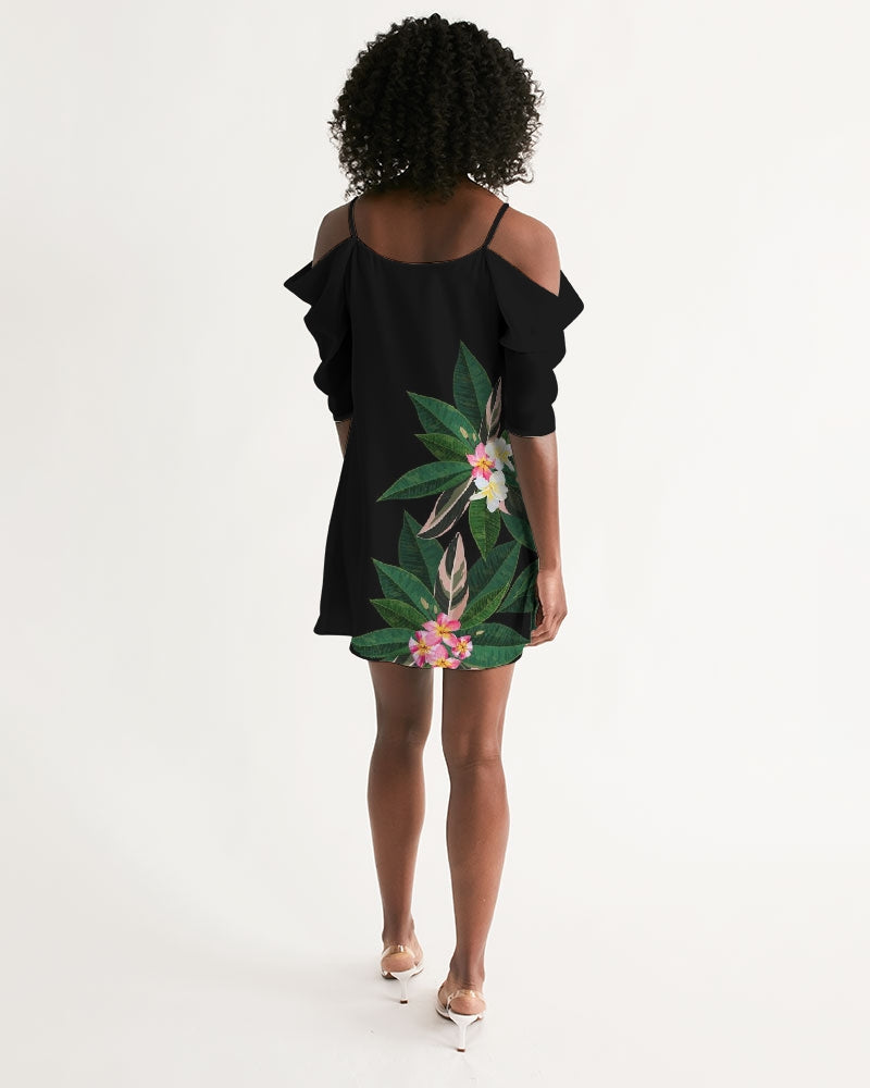 Guam Plumeria Flowers Black Women's Open Shoulder A-Line Dress