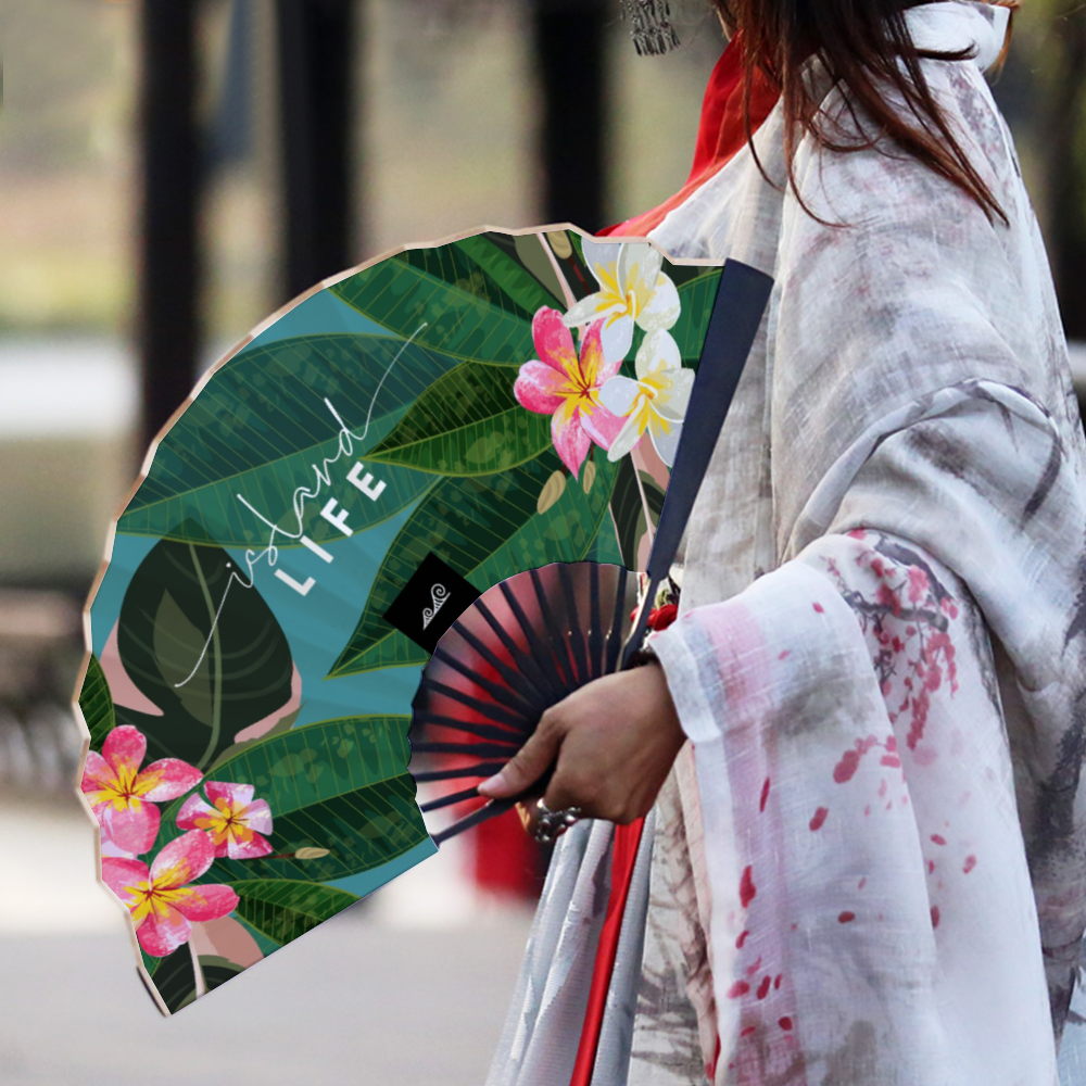 Plumeria Island Life Guam CNMI Spun Silk Folding Fan