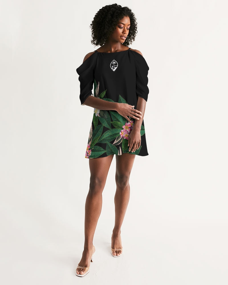 Guam Plumeria Flowers Black Women's Open Shoulder A-Line Dress