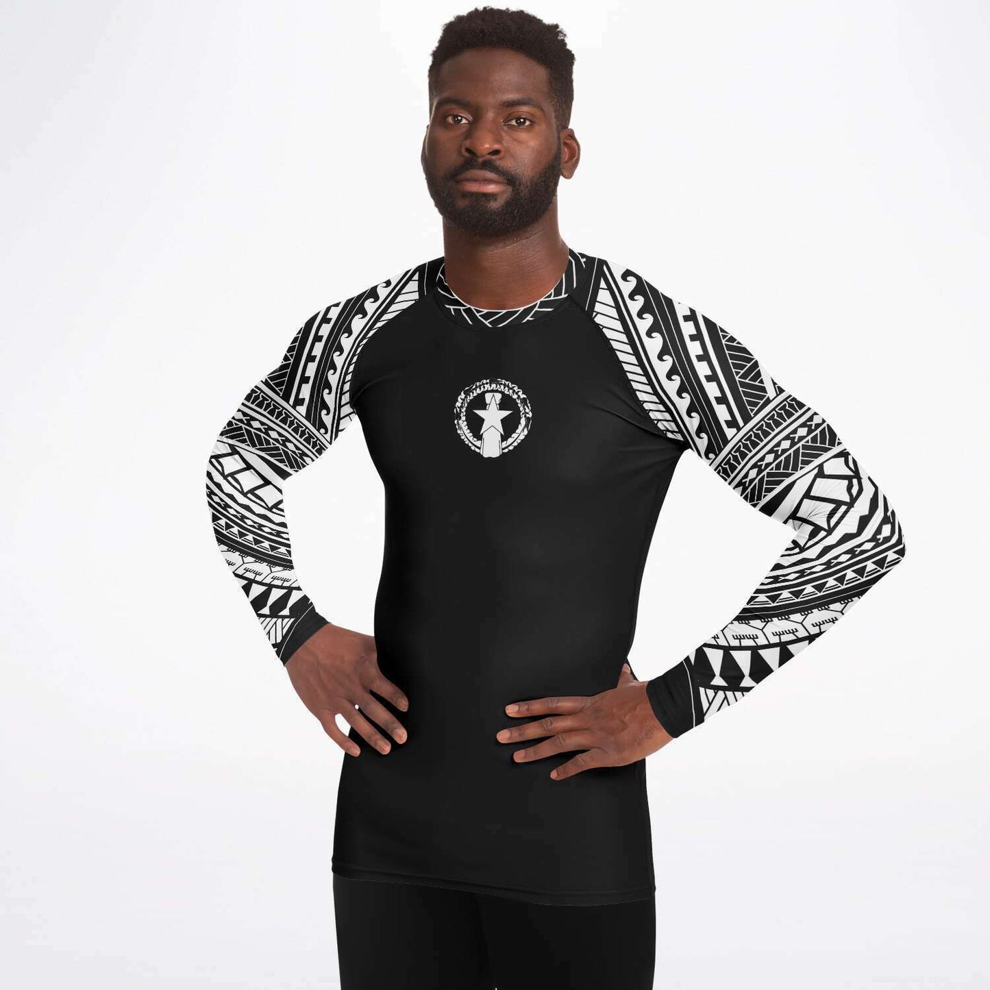 CNMI Tribal Men's Black White Rashguard